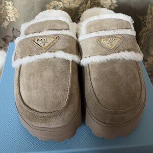 Prada Beige Suede Shearling Mules